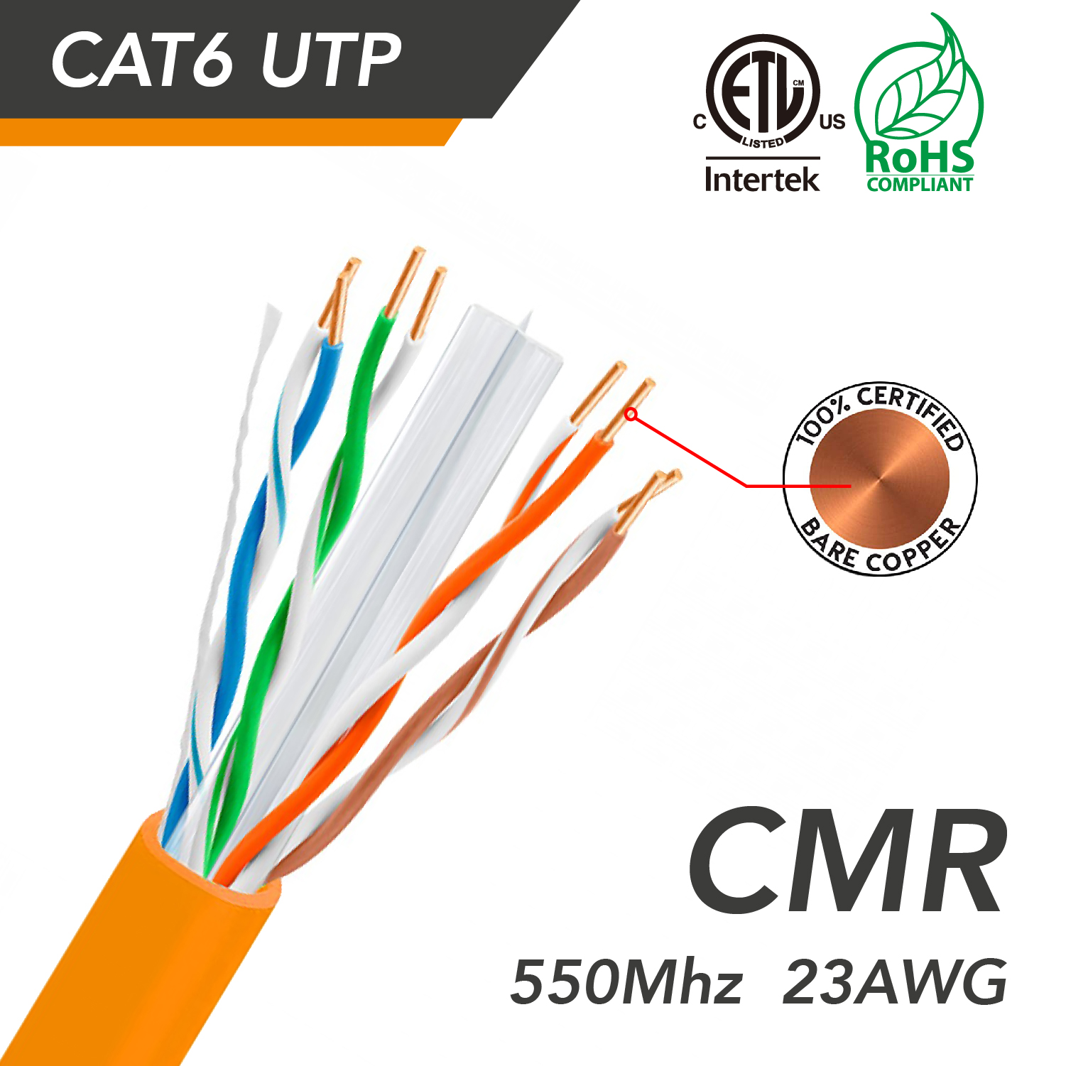 Cat.6 UTP 23AWG CMR Solid Bulk cable (orange), 1000ft, ETL - Bestlink ...