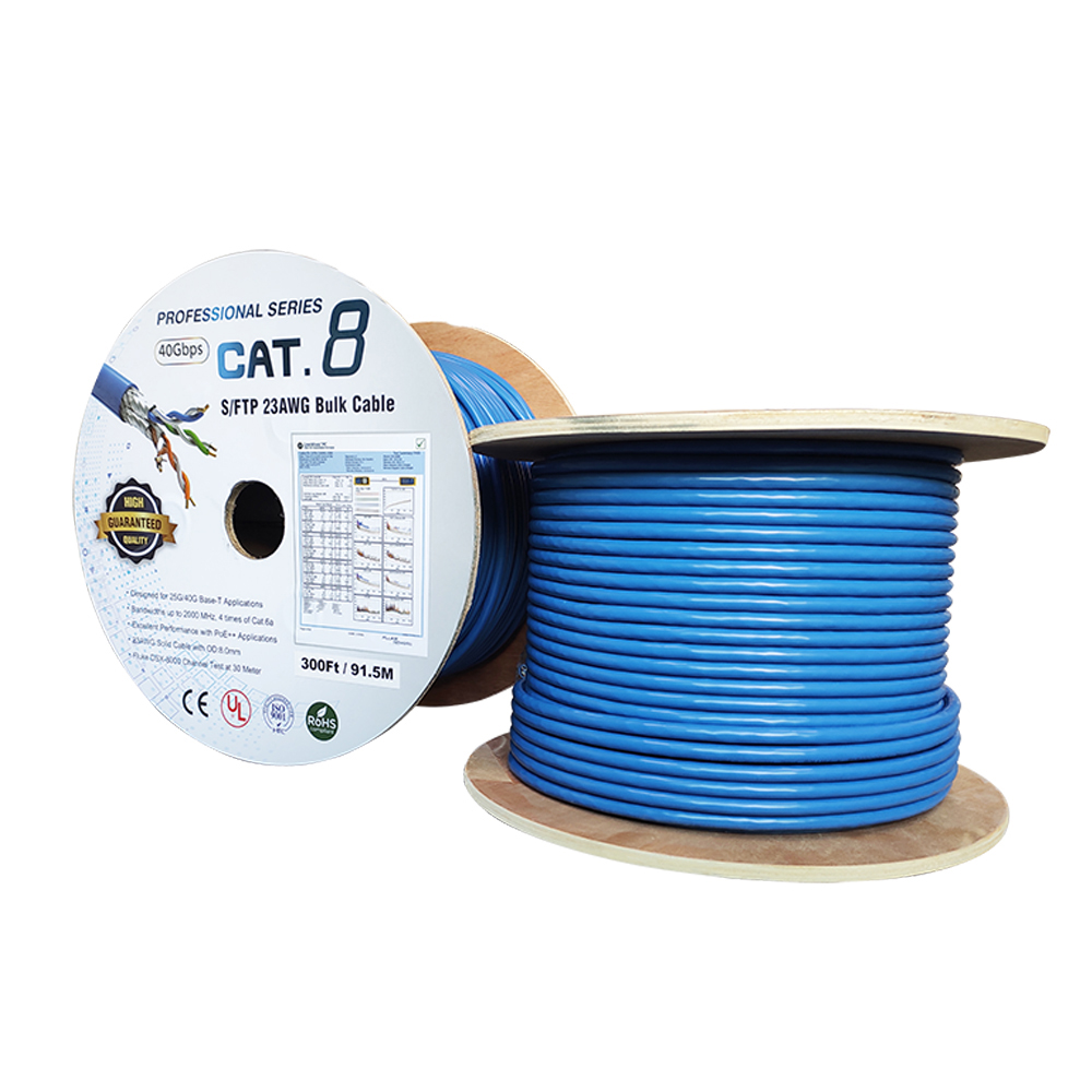 300Ft Cat.8 Solid S/FTP Bulk Wire 23AWG 40Gbps Blue