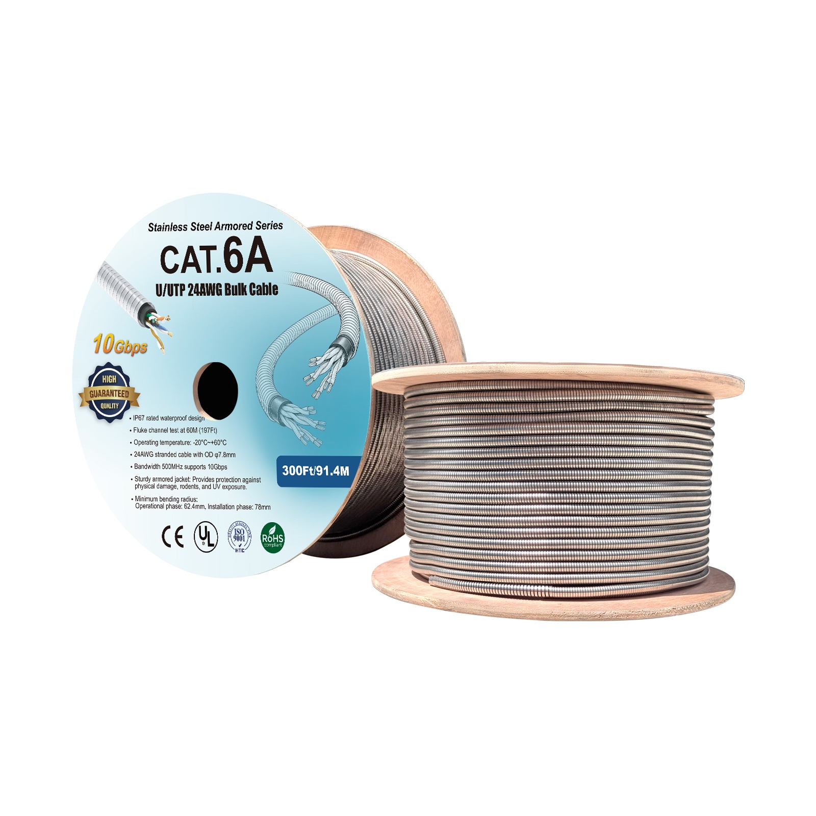 300Ft Cat6A 24AWG Stainless Steel Armored Bulk Cable
