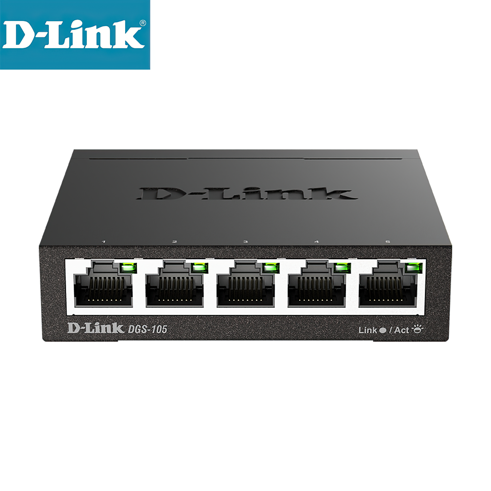 5-Port Gigabit Ethernet Desktop Switch, Unmanaged, Metal Chassis, QoS, D-Link DGS-105 Green