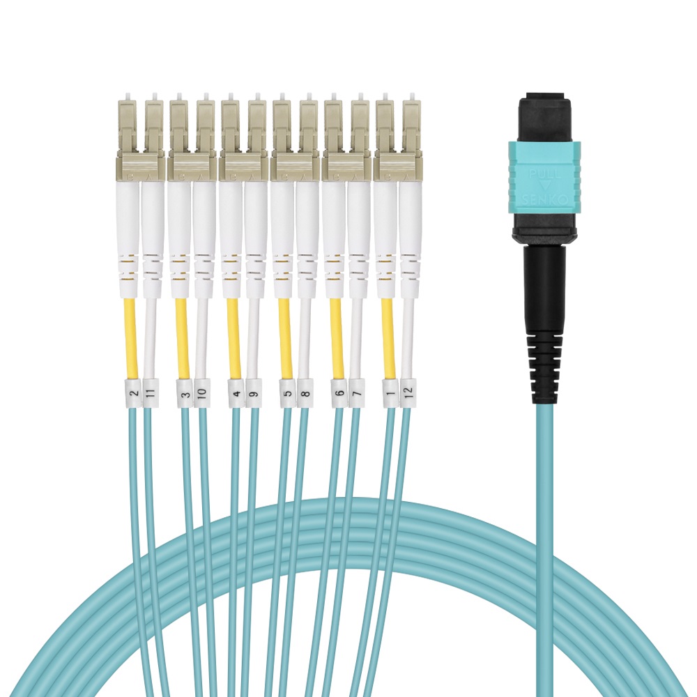 3m MPO OM4 to 12-Fiber to 6-LC Duplex Breakout Aqua OFNR