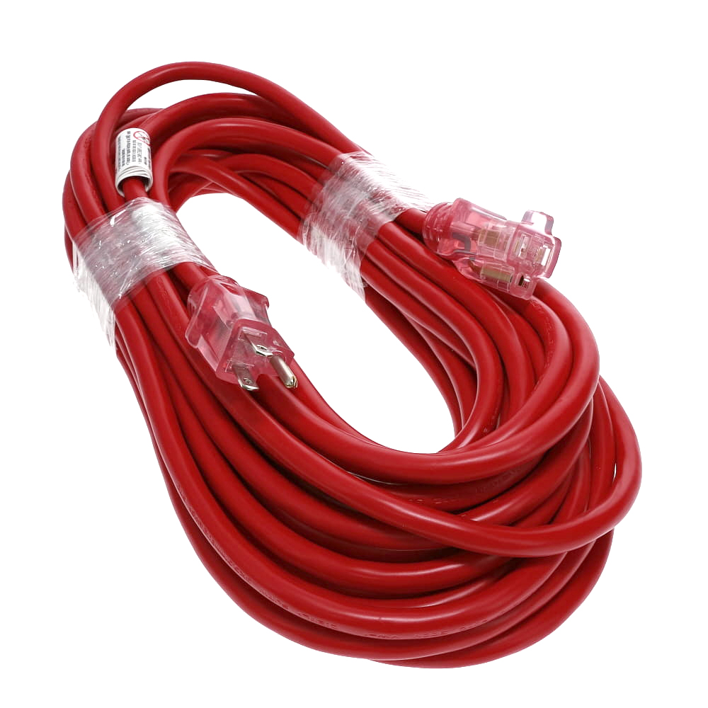 Img for product 50Ft 12/3 SJTW Red Power Extension Cord Lighted Clear Red Plug
