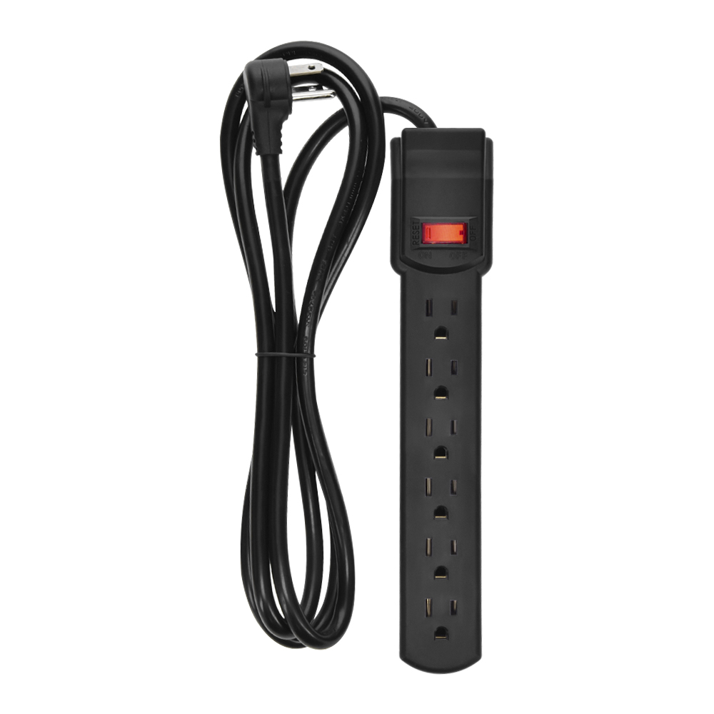 6Ft 6-Outlet Surge Protector 14AWG/3,15A, 90J Black Right Angle Plug