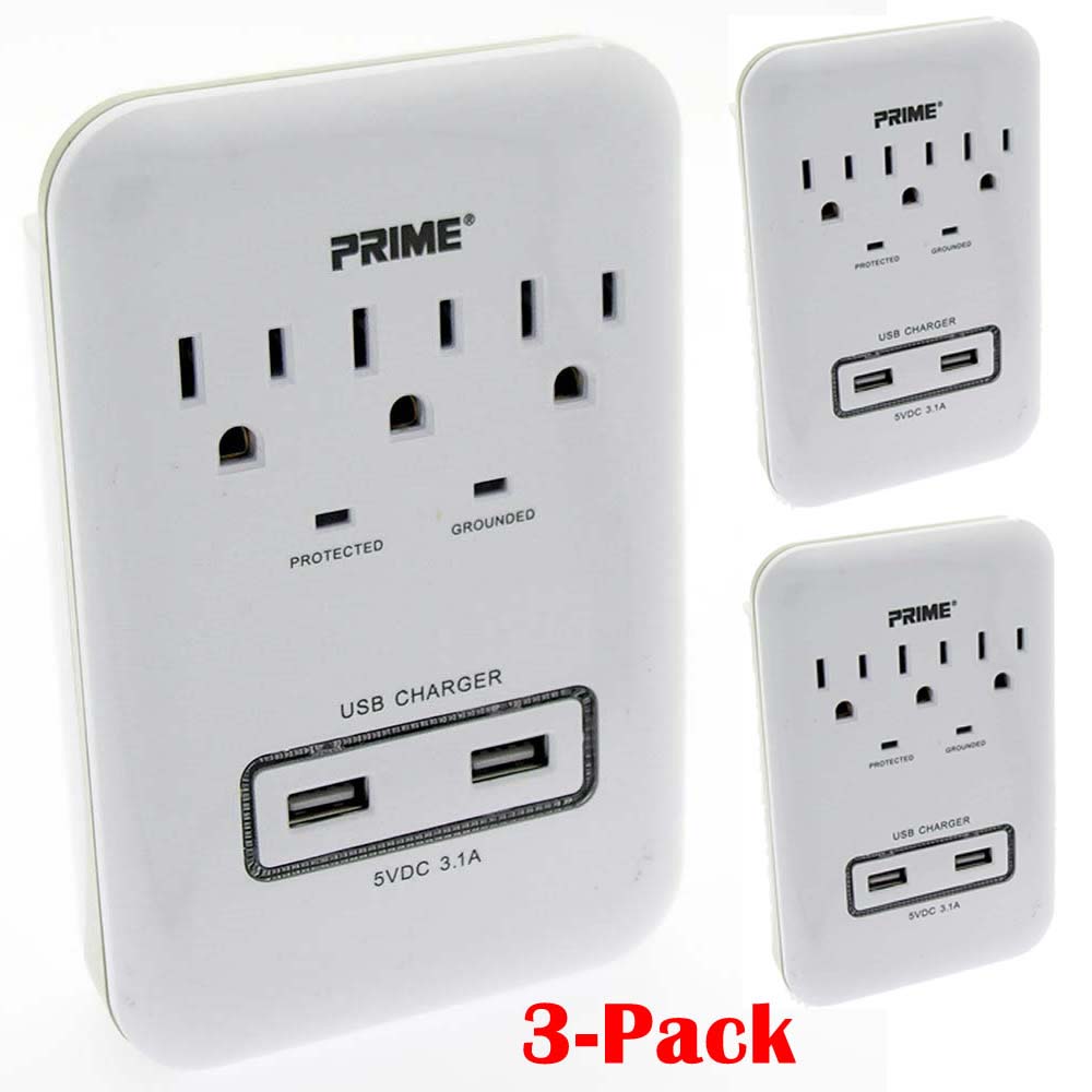 Img for product 3 -Pack 3-Outlet Surge Protector with 2 USB Ports 3.1A 900J Protection