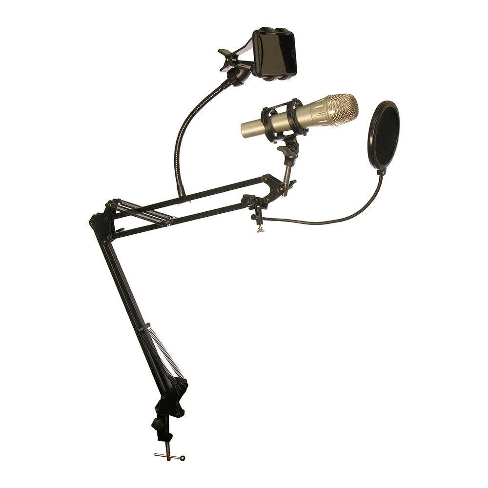 Img for product Deskmount Microphone Stand With Rotating Phone Holder & Pop-Filter MDS-28